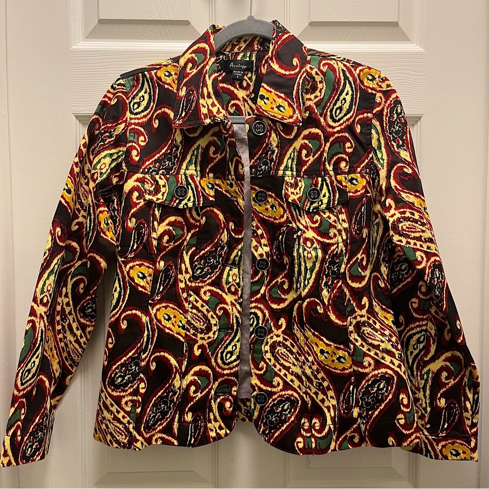 Analogy Bohemian/Paisley Button Down Textured Jean Jacket/Blazer